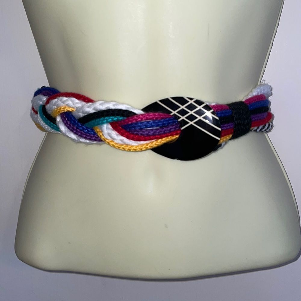 Vtg 80s Phaedora Designs multi color‎ braided cord belt with black “buckle”